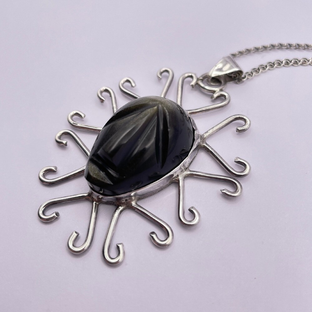 Vintage Taxco Miguel Garcia Warrior Face Pendant Necklace Golden Sheen Obsidian - Picture 4 of 10